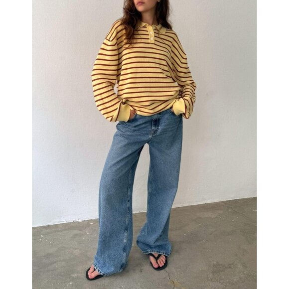 Women's Oversized Striped Knit Polo Sweater Color Block Casual Streetwear - Picture 5 of 5